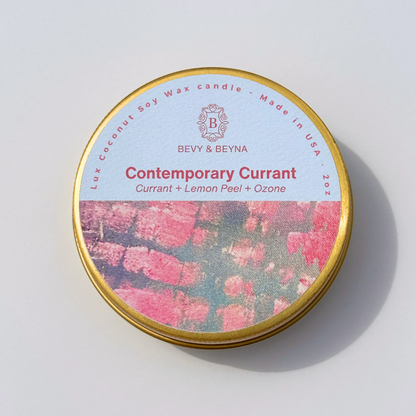 non-toxic coconut soy wax tin candle with currant, lemon peel, and ozone scent