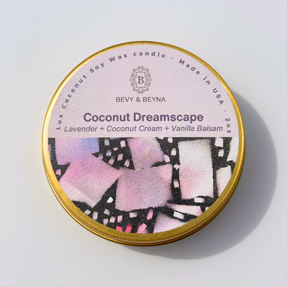 non-toxic coconut soy wax tin candle with lavender, coconut cream, and vanilla balsam scent